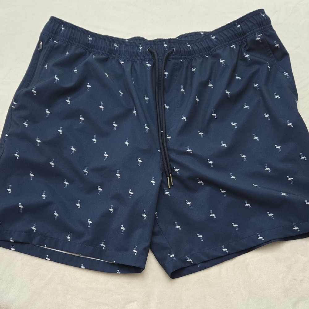 Goodfellow & Co Navy‎ Swim Trunks with White Mini Flamingo's, Size XL